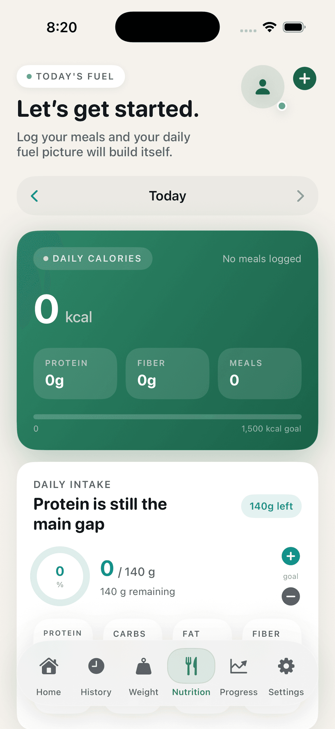 Steady nutrition logging screen